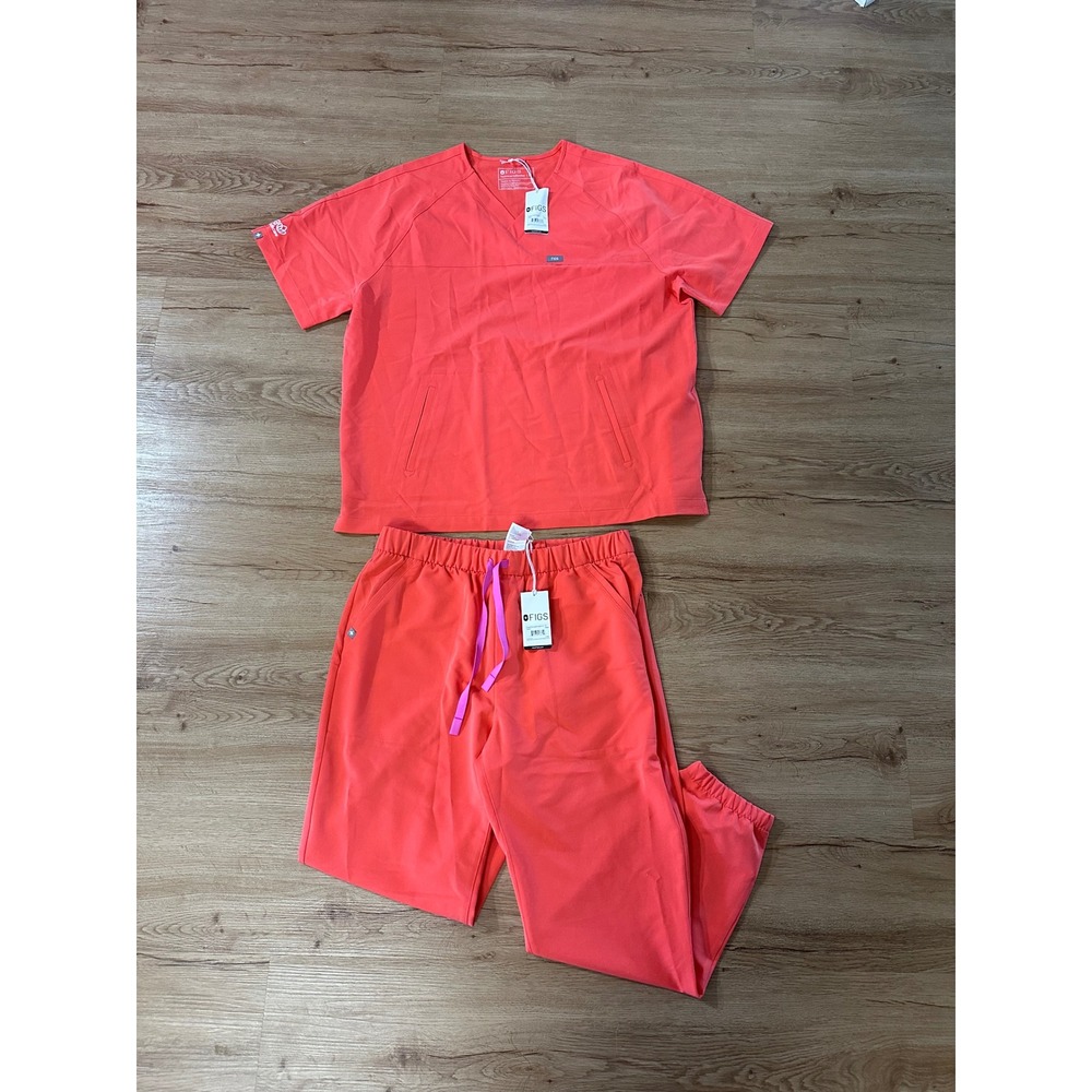 NWT FIGS Men's Baker V-Neck Scrub Top XL Kingston Jogger Pants LS Coral Set Aya